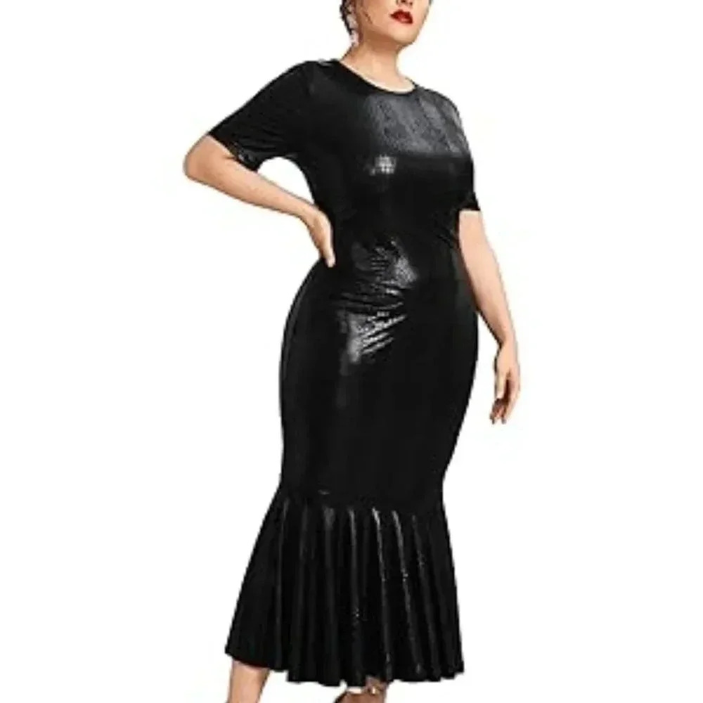Plus Size PU Leather Round Neck Short Sleeve Ruffle Hem Mermaid Long Maxi Dress